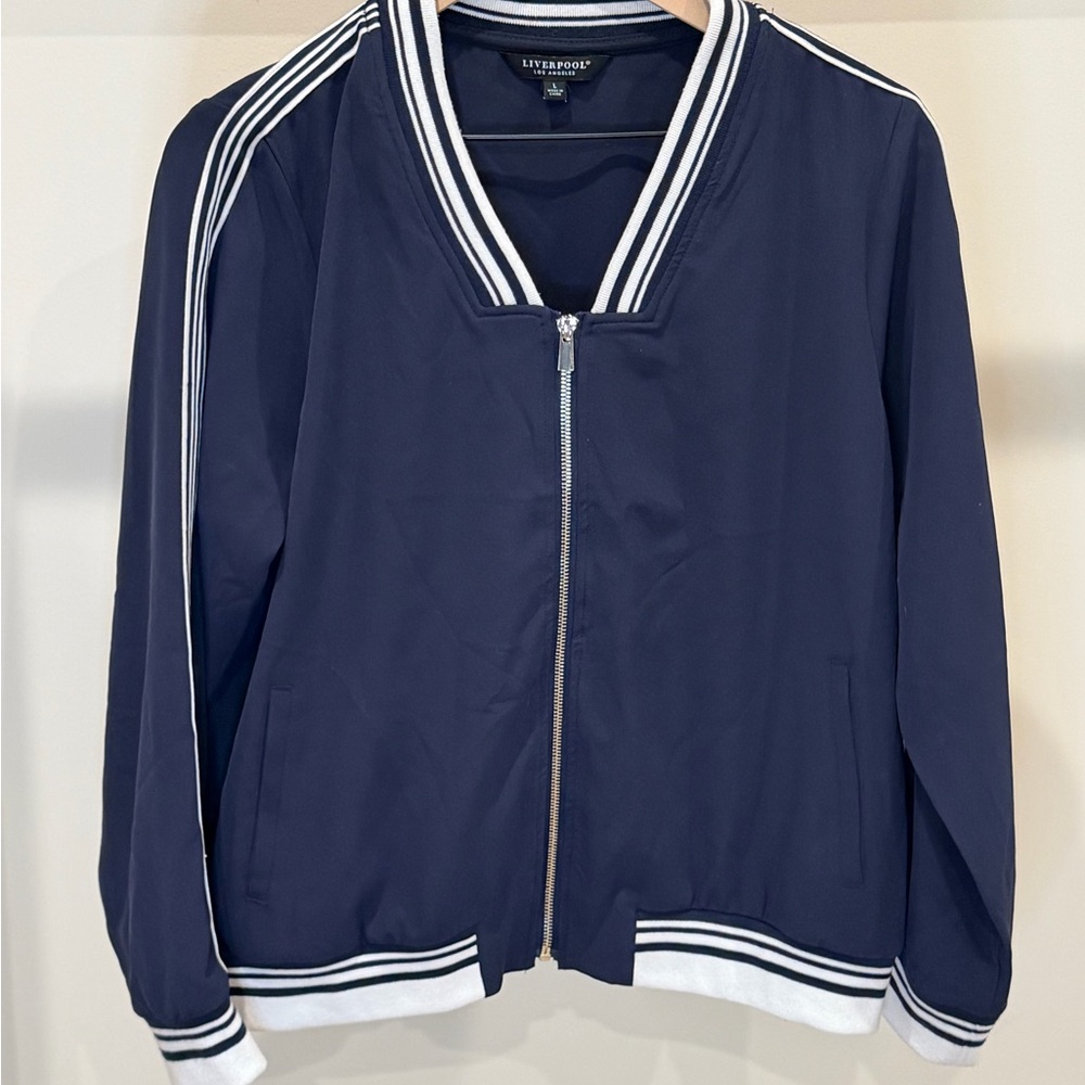 Liverpool Dark Blue Zip-Up Jacket with White Stripes